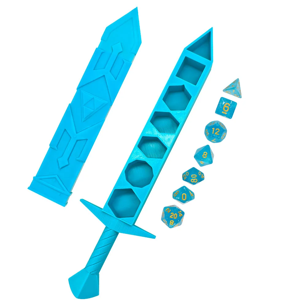 7 قطعة/المجموعة DND ثلاثية الأبعاد طباعة اللعب النرد الأزرق السيف على شكل صندوق تخزين المحمولة RPG TRPG ألعاب مضلع مجموعة نرد لعب الأدوار