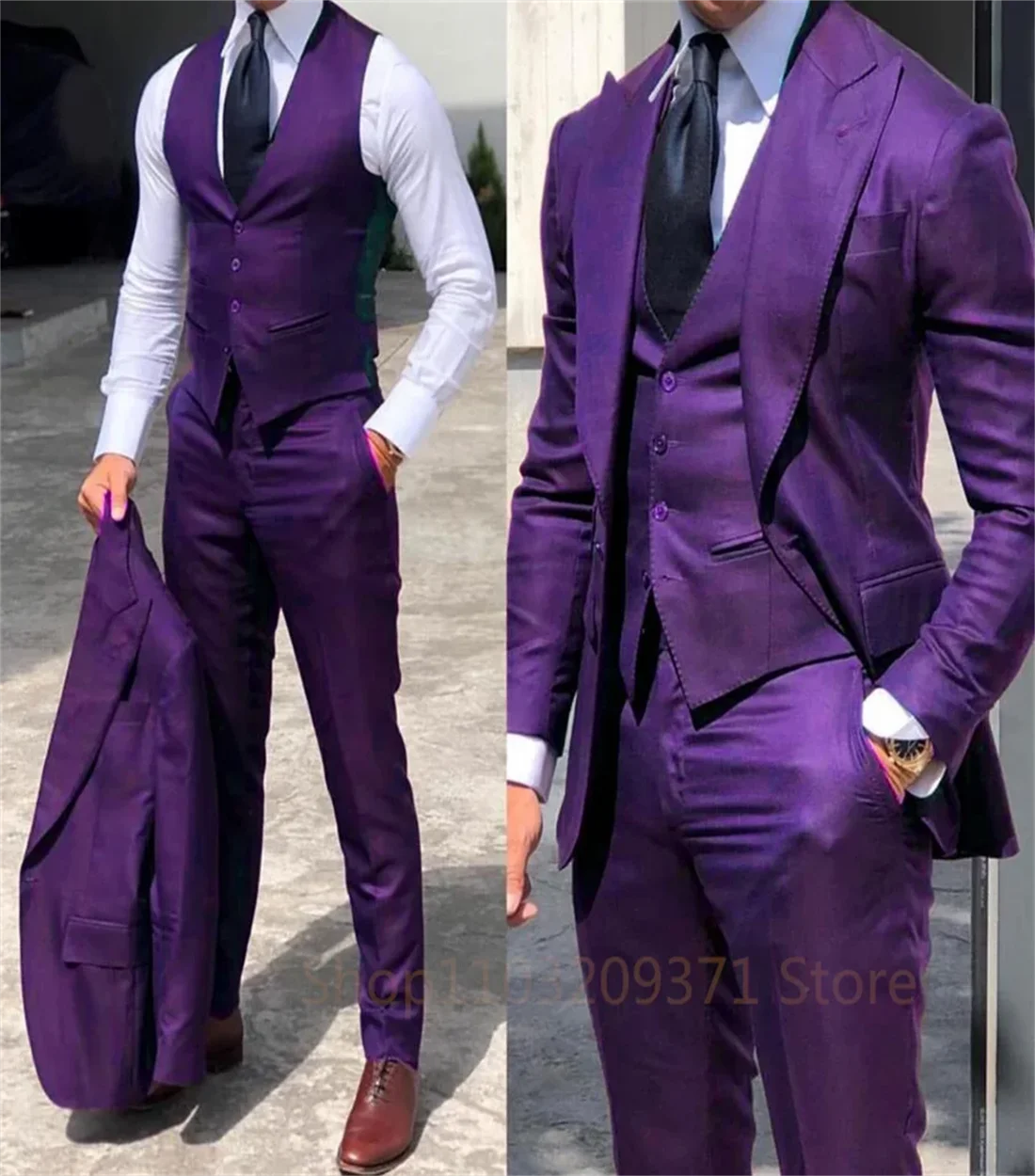 3 Pieces Purple  Set  Men Business Suits Groom Groomsman Wedding Party Formal Occasions Tuxedo Jacket Vest Pants