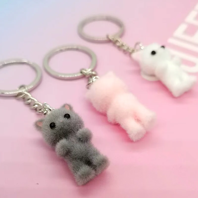 1PCS 3D Cartoon Flocking Cat Keychain Kawaii Cat Key Ring Animal Key Chains Souvenir Gifts For Women Men Car Keys DIY Jewelry