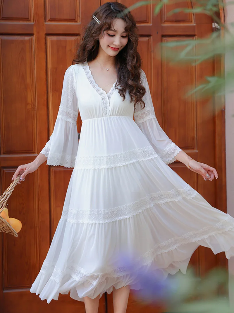 Women White Ruffles Flare Sleeve V-Neck Vintage Princess Nightgowns Pajama Nighty Dress French Gown Female Victorian Sleepwear