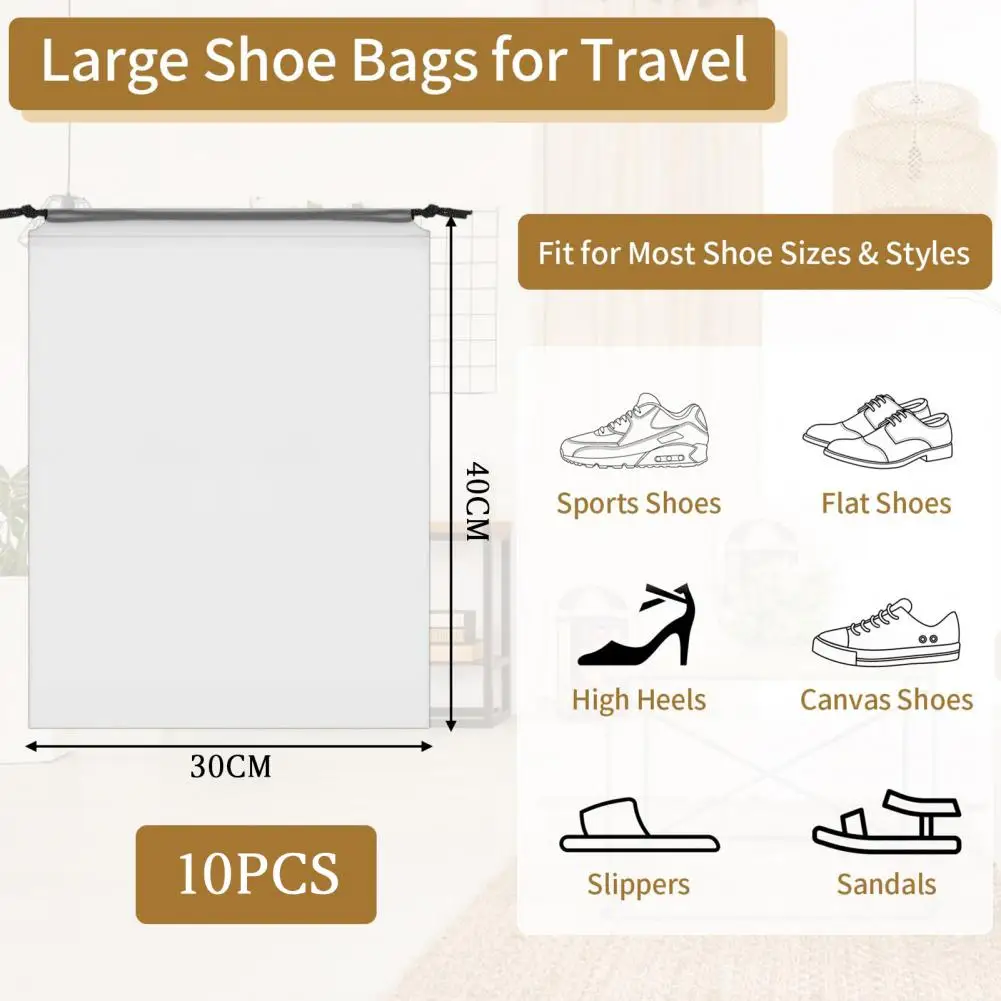 10Pcs Translucent Storage Bag Wear Resistant Dustproof Portable Reusable Drawstring Design Travel Essentials Shoe Storage Bag