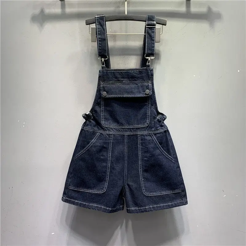 2026 Summer Women's Dark Blue Denim Overalls Korean Versatile Casual High Waist Pockets Shorts Streetwear Retro Loose Shorts