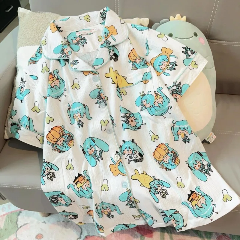 Hatsune Miku chica de dibujos animados pantalones cortos de manga corta pijamas anime periferia personalidad estudiante chica corazón ropa de descanso fina conjunto regalo