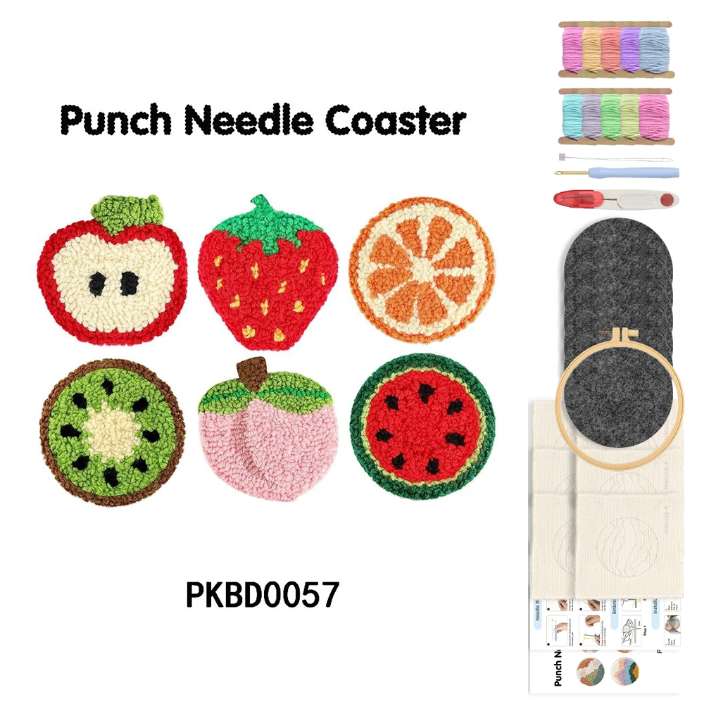 

6PCS Punch Needle Coaster Kit Fruit Pattern Easy DIY Punch Needle Embroidery Kit for Beginners Adults Coaster Holder Art Craft