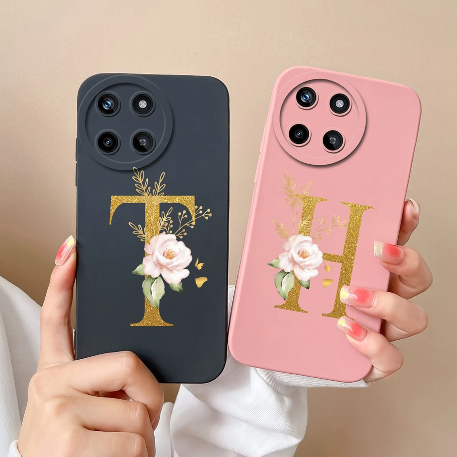 For OPPO Realme 11 4G Phone Case Cute Flower Letters Matte Liquid Silicone Back Cover For Realme11 4G Shockproof Ultrathin Shell