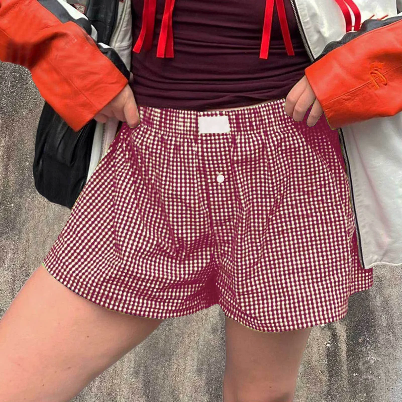 Women’s Plaids Shorts Casual Elastic Low Waist Button Front Lounge Shorts Streetwear Retro Soft Loose Flared Short Pants