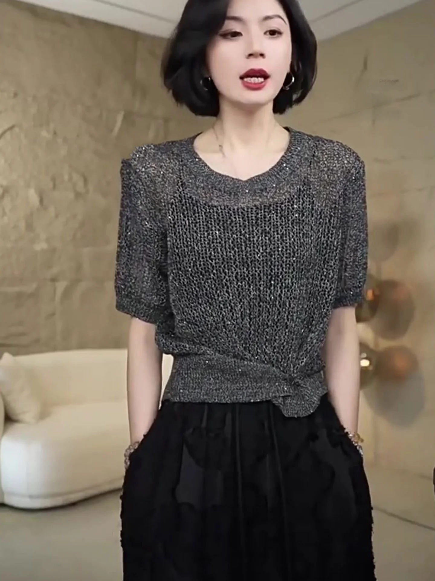 

Ele ort Sve Knitted Ice Silk Top Breathable Skin-friendly Lazy Sle Summer Faion Women's Clothing Korean Version ...