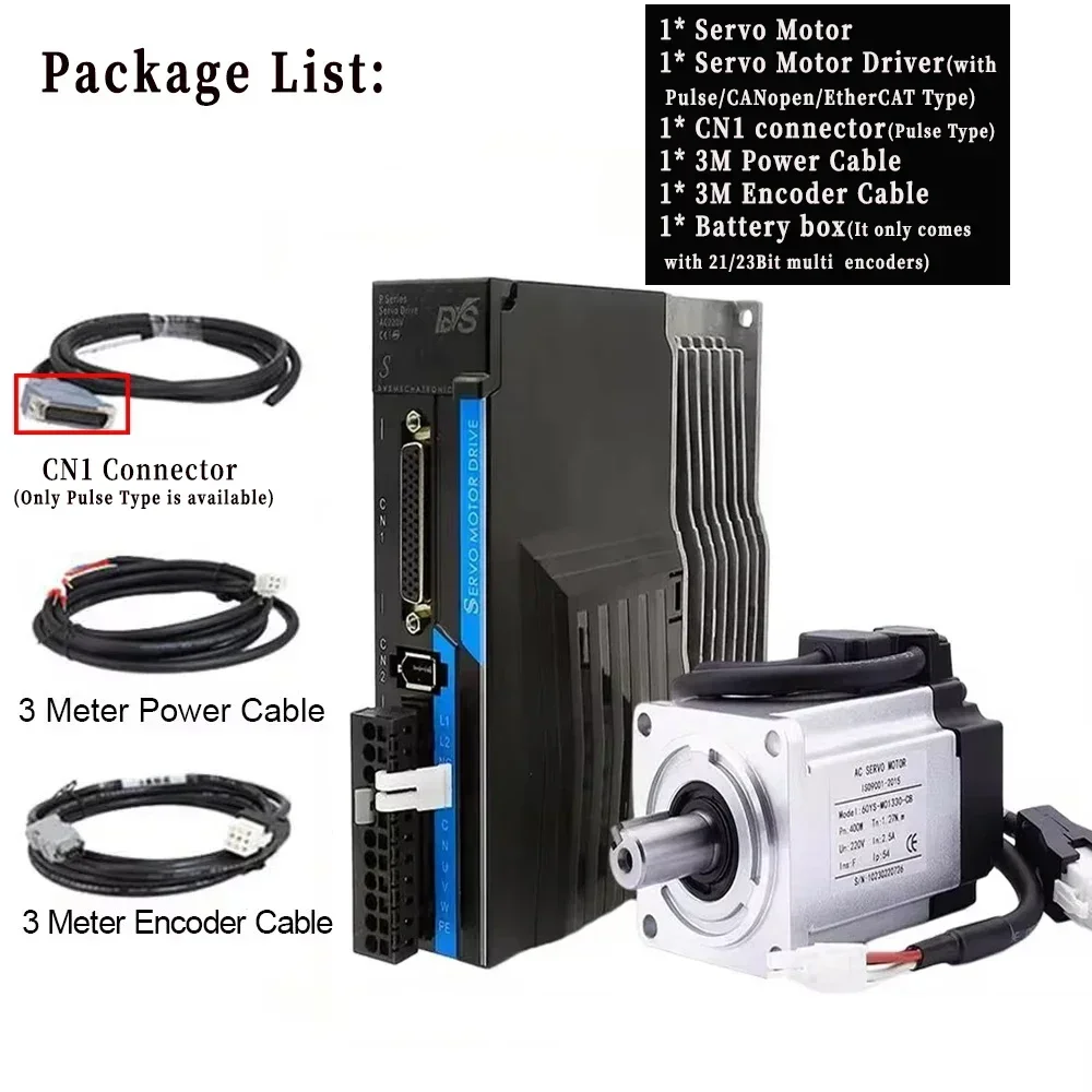 220V AC Servo Motor Kit 200W 400W 600W 750W 1KW 60/80mm flange 17/21/23Bit Single Multi Absolute Encoder Pulse EtherCAT CANopen