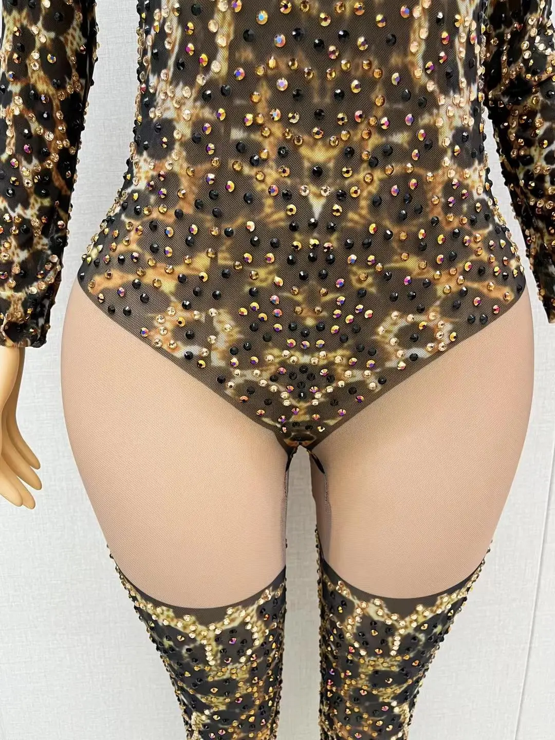 Mono de malla de leopardo con diamantes de imitación para mujer, traje de escenario para cantante, fiesta, club nocturno, Rave, Ropa de baile Gogo, Liebao