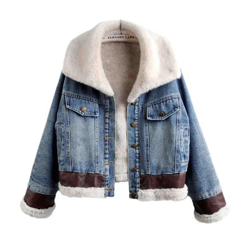 

Осень-зима, женская модная короткая джинсовая куртка из искусственной кожи в стиле пэчворк, утепленная теплая подкладка из искусственного кроличьего меха, синяя ковбойская верхняя одежда