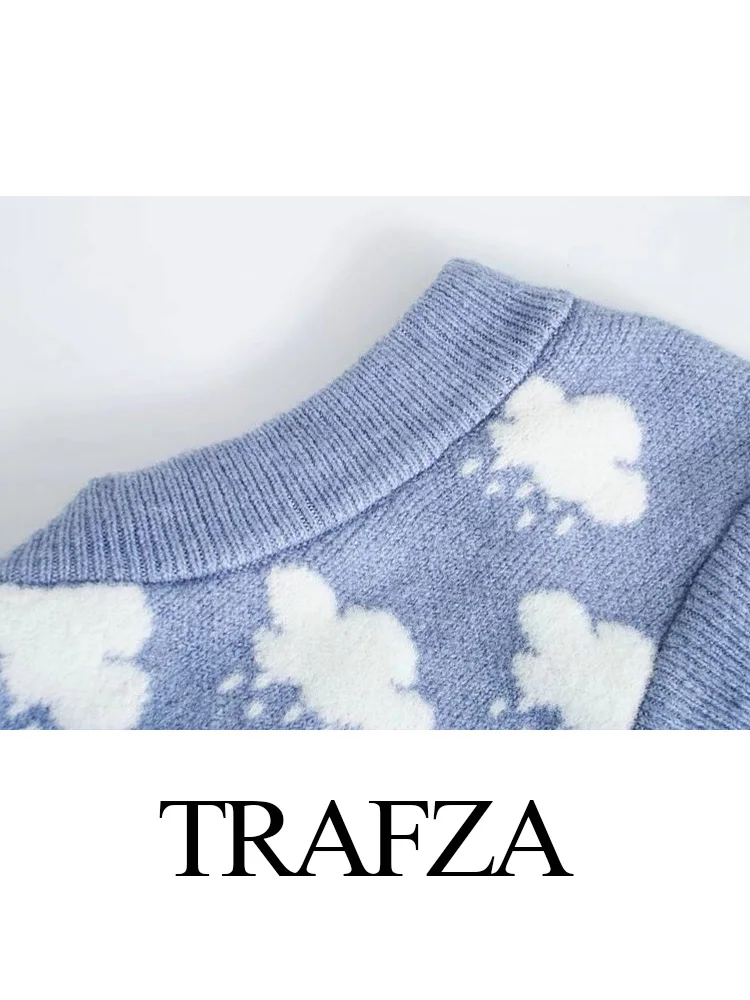 TRAFZA-Chaleco elegante de otoño para mujer, camisetas sin mangas tejidas con cuello en V, camisetas sin mangas cortas, ropa de calle femenina, chaleco con patrón de nube Jacquard