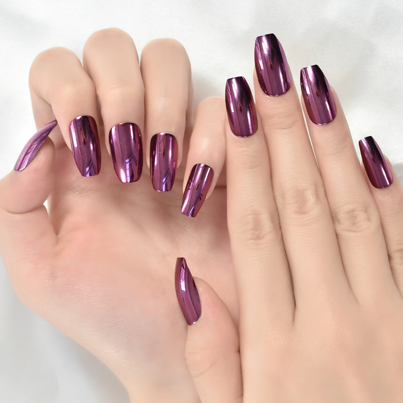 Metal Short Mirror Design Purple Pure Color Coffin Short Fingernails Press On Nails Art Glossy Fake Nails Full Cover With Tabs