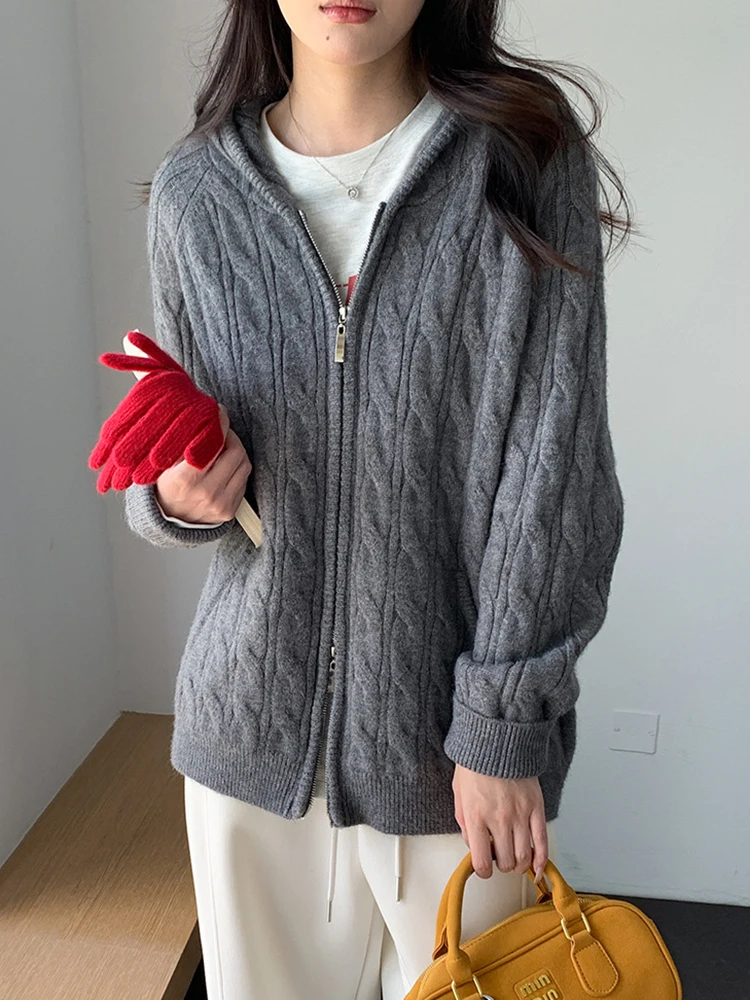 ヴィンテージカジュアルフード付きニットカーディガンセーター女性ルーズストリートウェア怠惰な風ジャケット長袖ダブルジッパーレトロトップス新