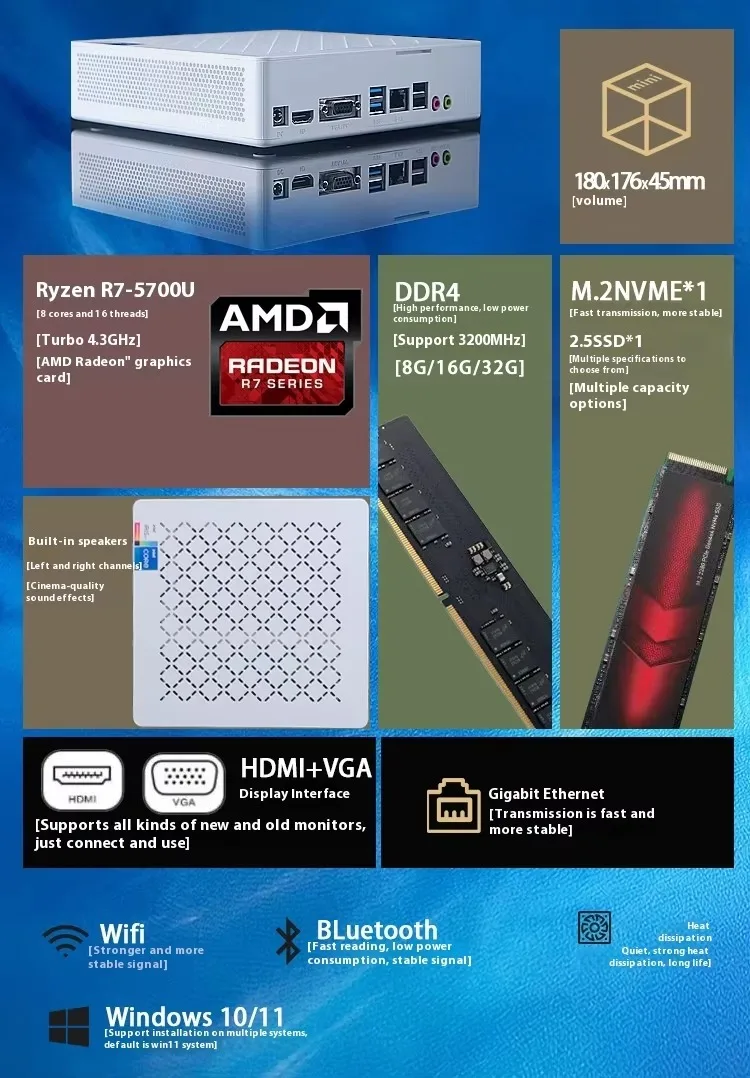 Ryzen 7 3700U Mini PC Mini Host With Stereo DDR4 NVMe SSD 2.5 Windows 11 Pro Rich Interface Desktop Computer