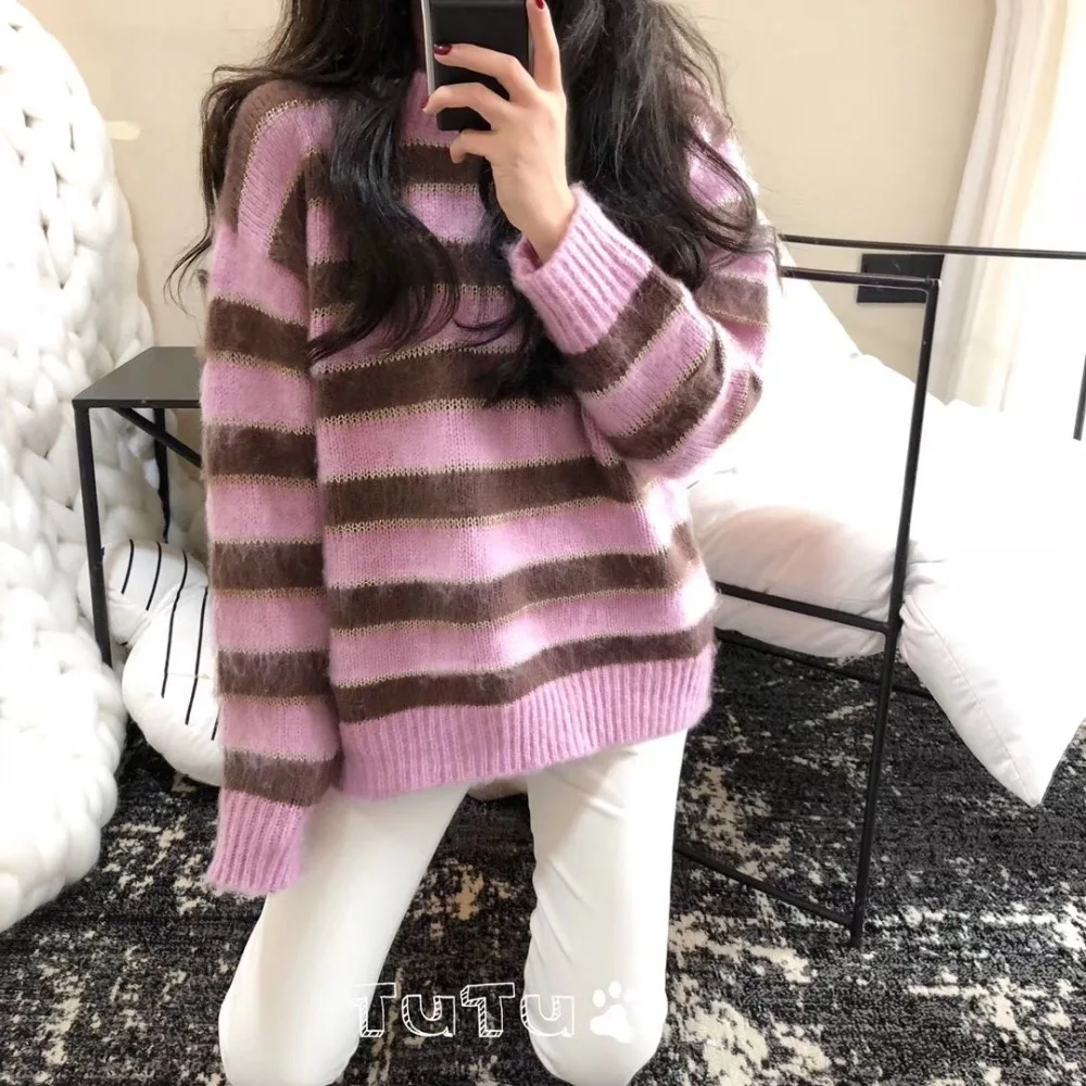 

Sweet Fashion Autumn Winter Pink Striped Hit Color Knitted Sweater Casual Women O Neck Thick Warm Mohair Soft Loose Pullovers