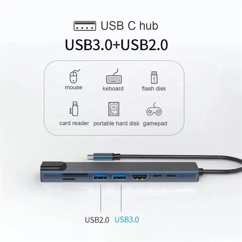 SD Card Reader PD Fast Charger for Macbook 8 In 1 USB C Hub Type C Extender HDMI-compatible Adapter Laptop Converter With RJ45