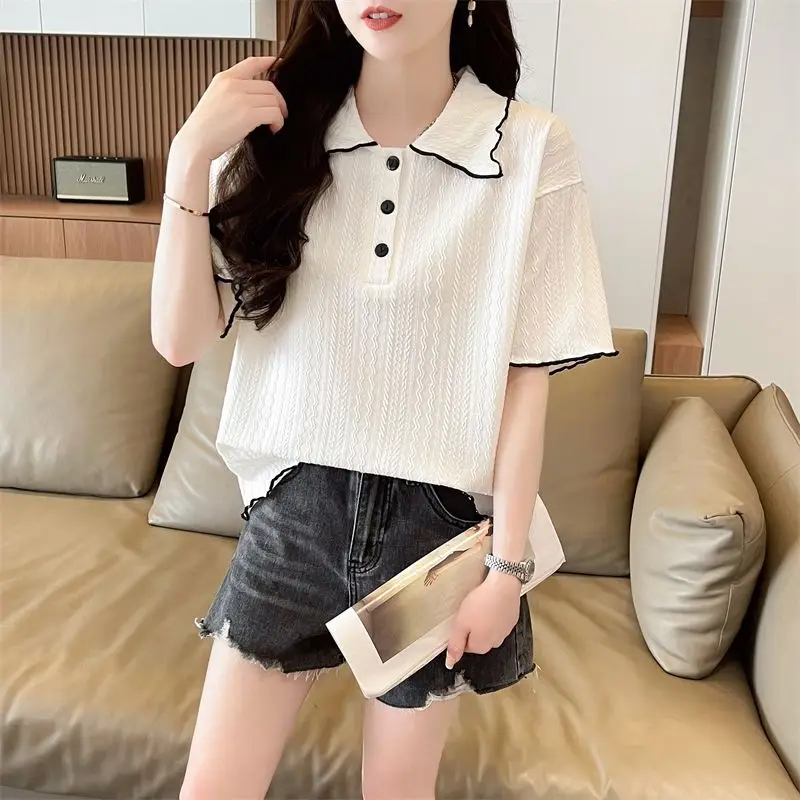 

Short Sleeve Women's Shirts Youthful Elegant Clothes Summer Outfit Lapel Button T-shirts Korean Fashion Baggy Female Tee