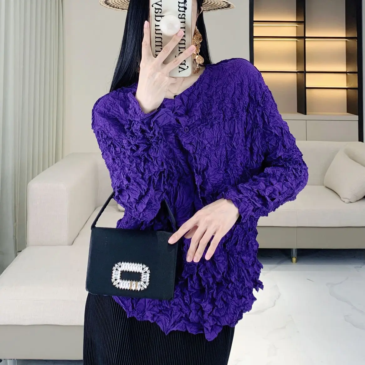 Miyake geplooide dames katoenen jas effen kleur single-breasted mode retro jas met lange mouwen herfst- en winterkleding