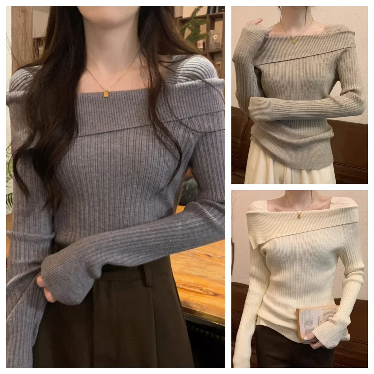 الصلبة مثير سليم قبالة الكتف مائل الرقبة طويلة الأكمام الحياكة سترة المرأة لاعبا مكتب موضة جديدة