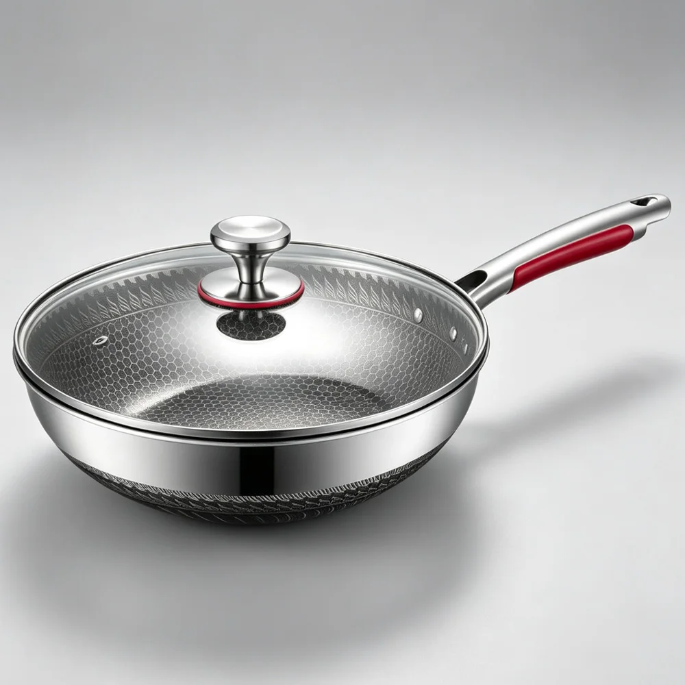 32cm Household Honeycomb Wok Pan, 304 Stainless Steel Non Stick Frying Pan, Light Smoke Easy Clean Wok