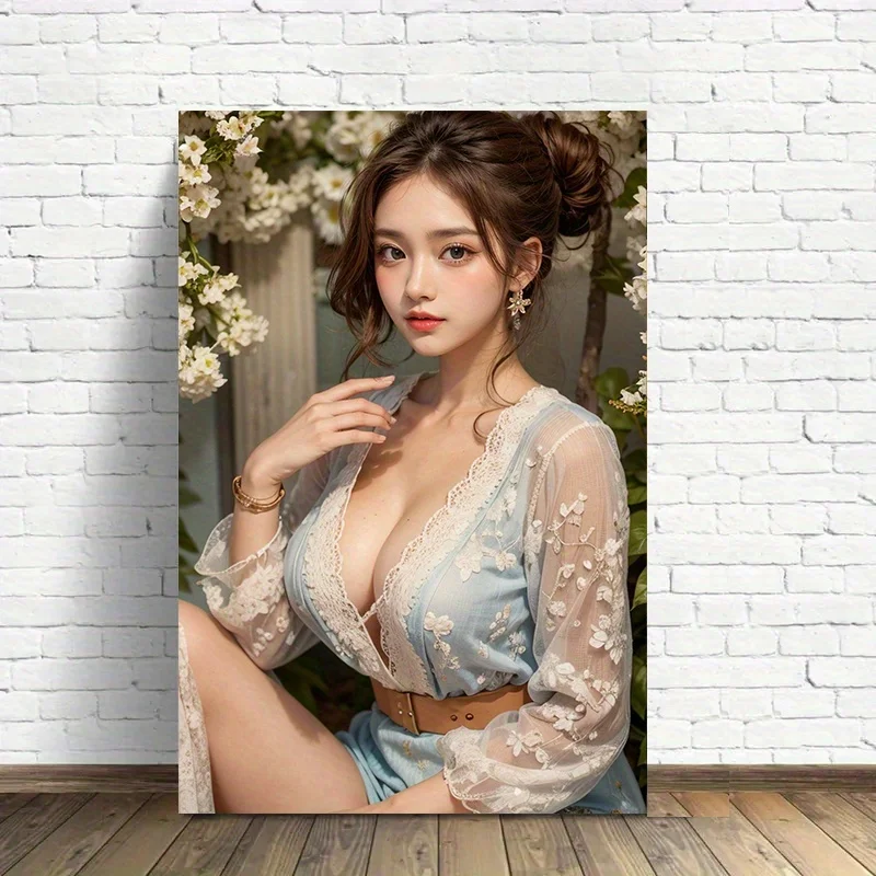 Luxuriöser floraler Leinwand-Kunstdruck für Frauen, Wanddekoration mit Spitzendetail, ruhige Outdoor-Szene, rahmenlos für Schlafzimmer, Fitnessstudio, Bibliothek