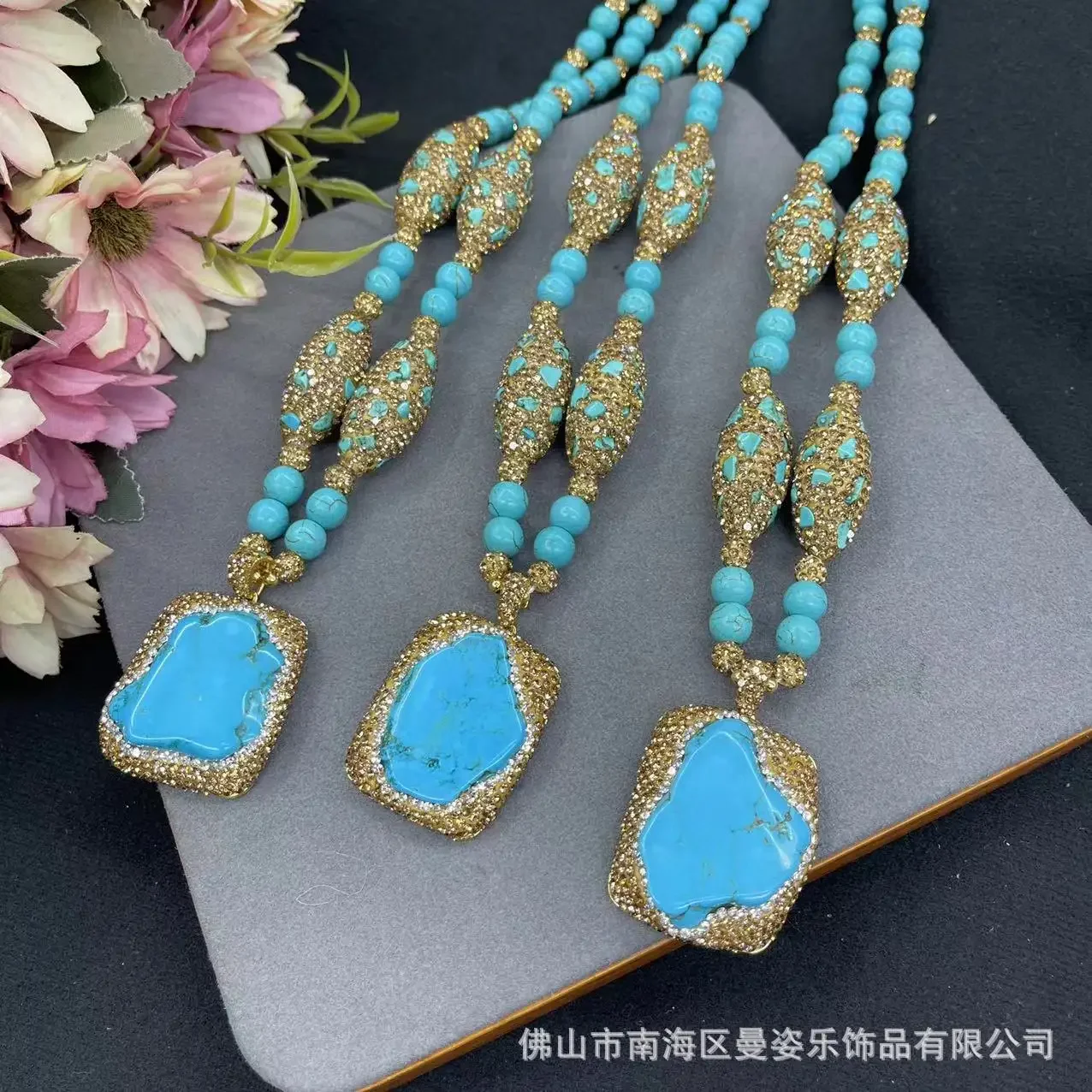 Square turquoise fashion necklace exaggerated sweater chain ethnic style original design natural stone jewelry