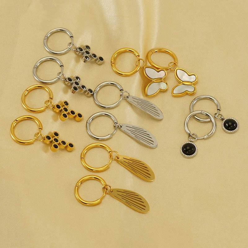 

10Pcs Stainless Steel Gold Plated Hoop Earrings for Women Fashion Cross Drill Butterfly Shell Natural Stone Beads Drop Earrings