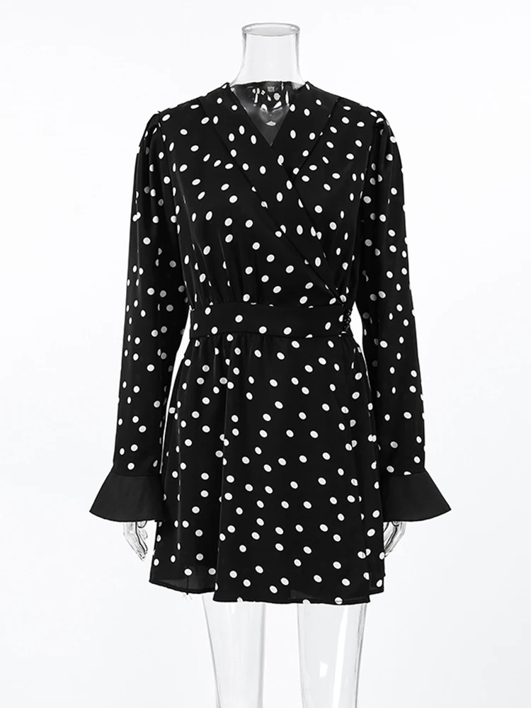 Mumaroho 2024 Autumn Winter Women Elegant Polka Dot Mini Dress V-neck Black Long Sleeve Flare Mini Dress For Women
