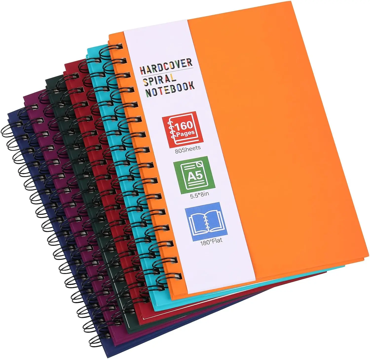 

6 A5 Spiral Notebooks, 160 Pages Each, 5.5x8.5in, Assorted Colors for Work & School
