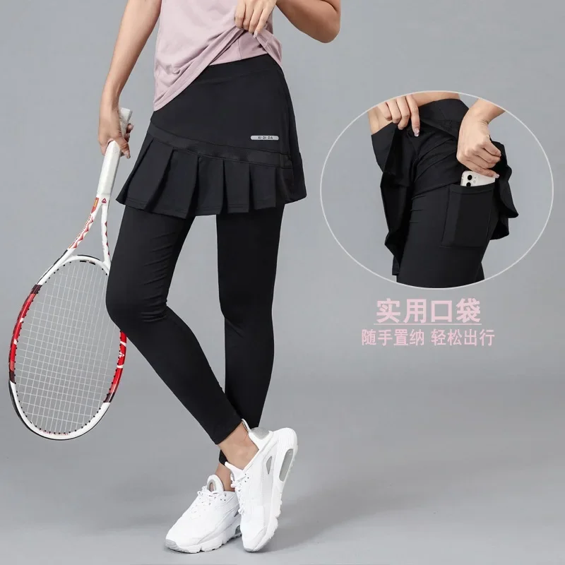 New Plus Size High Waisted Pleated Skirts Pants High Elastic Fabric Fitness Sports Two-piece Tennis Skorts Sportswear Yoga Slim