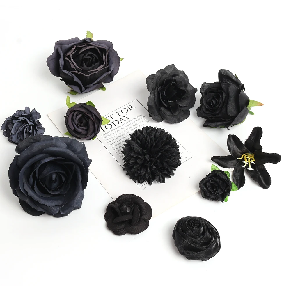 5Pcs Black Artificial Flowers Heads Wedding Decoration Fake Flowers for Home Decor DIY Christmas Wreath Crafts Gift Accessories