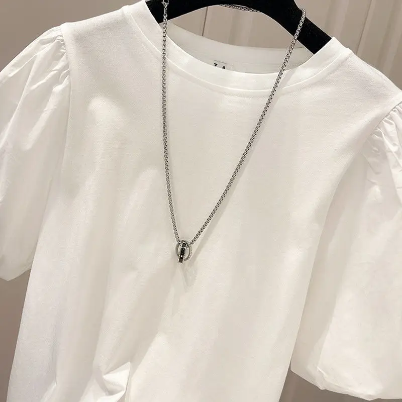 Cotton 2023 Summer New In Korean Round Neck Bubble Short Puff Sleeve T-shirt Ins Fashion Tee Lady Tops White Black tShirts