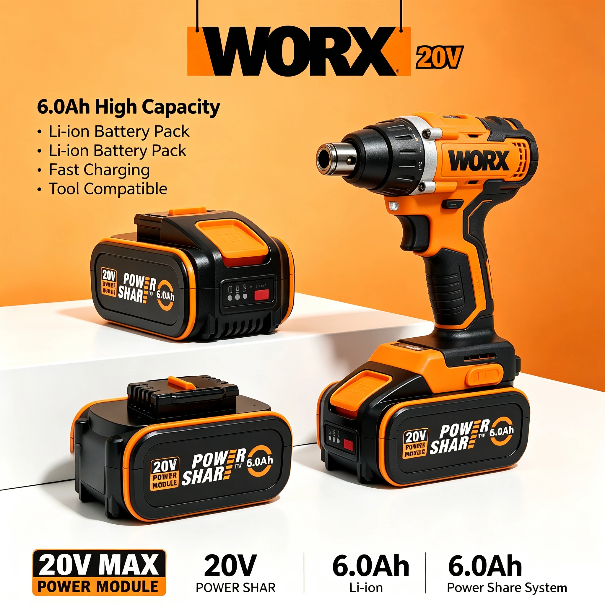 WORX WA3551 20V 6.0Ah 4Pin Lithium Battery Pack for WORX 20V Powershare Cordless Lawn Mower Blower Trimmer Rechargeable Battery