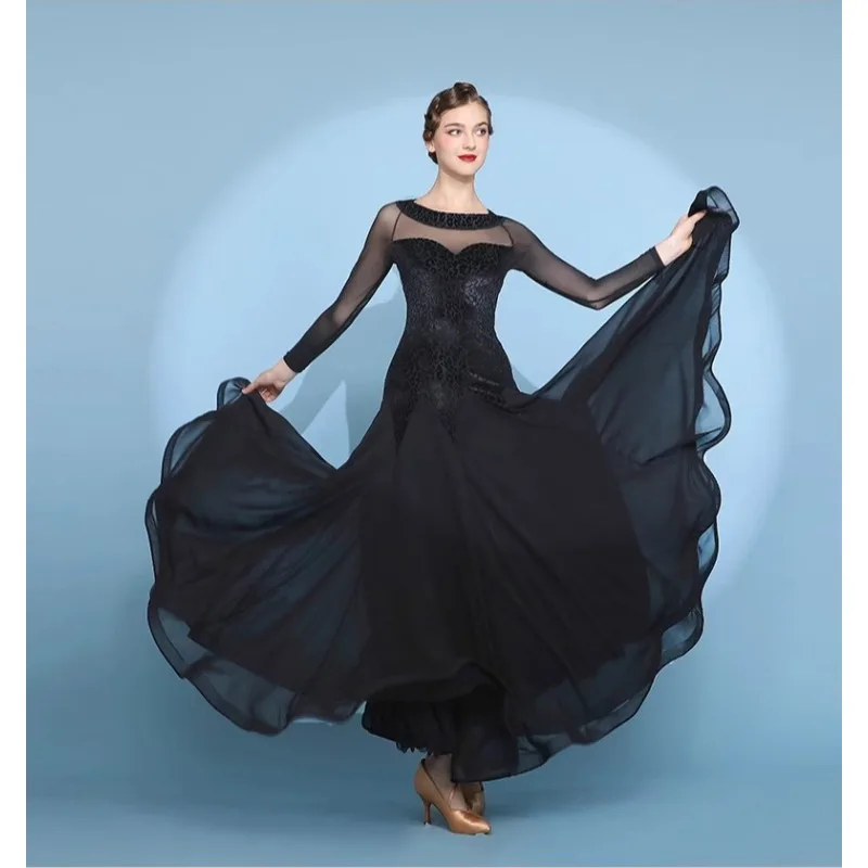 Customized Tango Velvet Ballroom Dance Costume Modern Dance Dress Waltz Big Swing Skirt