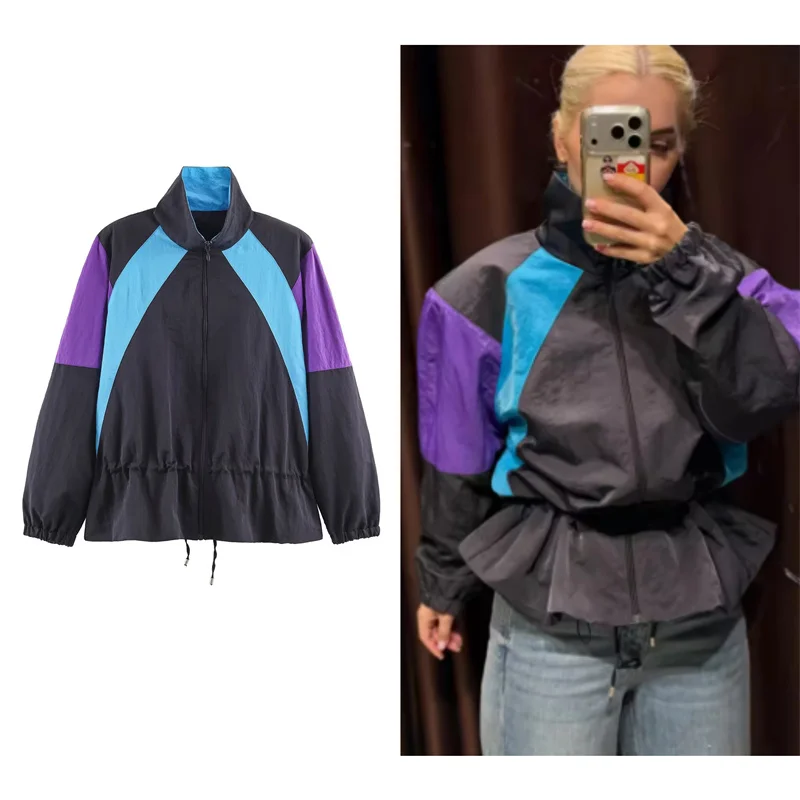 Guobioziy Women's Jacket 2026 Fall New Fashion Versatile Long-Sleeve Stand Collar Color-Block Shoulder-Padded Jacket