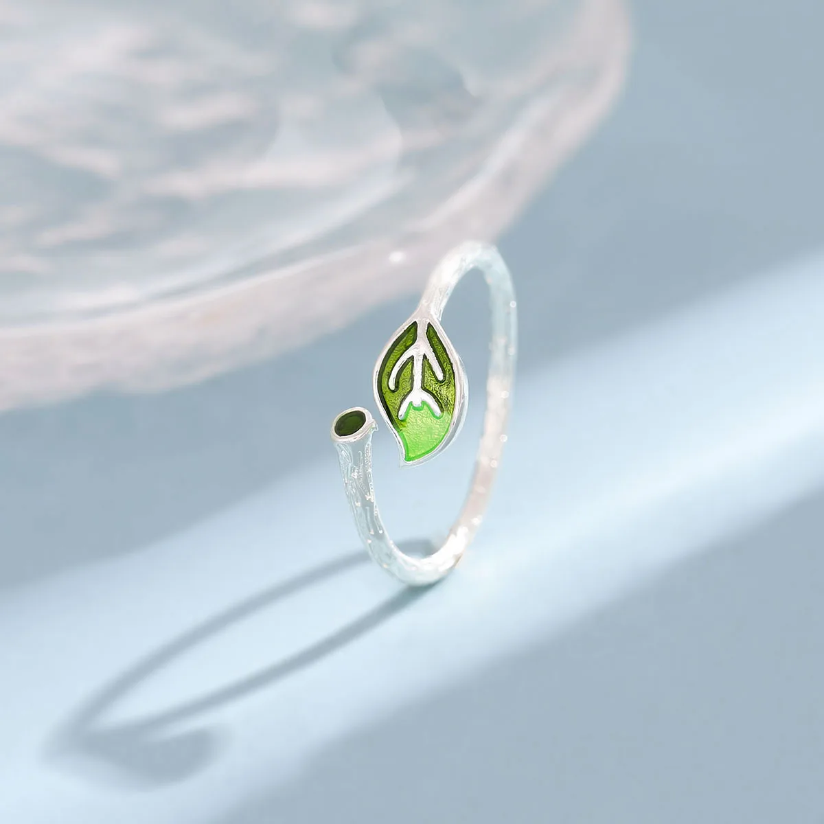 Women's Simple Green Leaf 925 Sterling Silver Opening Ring