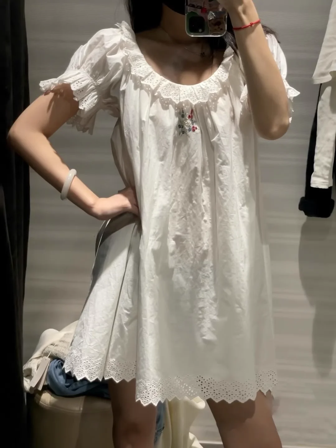 

Flower Embroidery Women 100% Cotton Dress Ruffles Spliced Round Neck Puff Sleeve Casual Female Mini Robe
