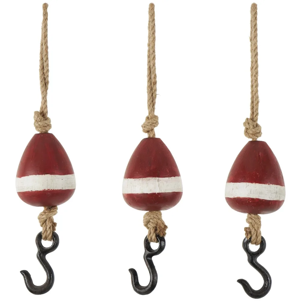 3W, 14H Red Wood Buoy Wall Hook with Jute Rope and Metal Hook, 3-Pieces