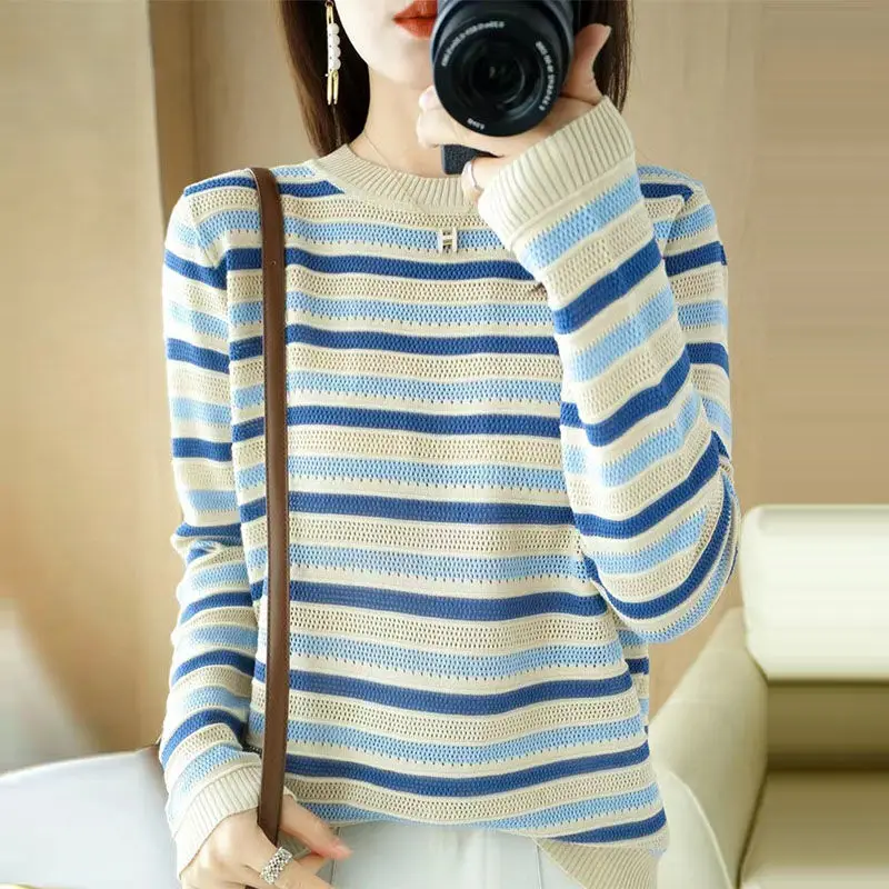 

2022 O Neck Vintage Striped Sweater Pullovers for Women Casual Loose Long Sleeves Jumpers Autumn Female Kintting Tops U125