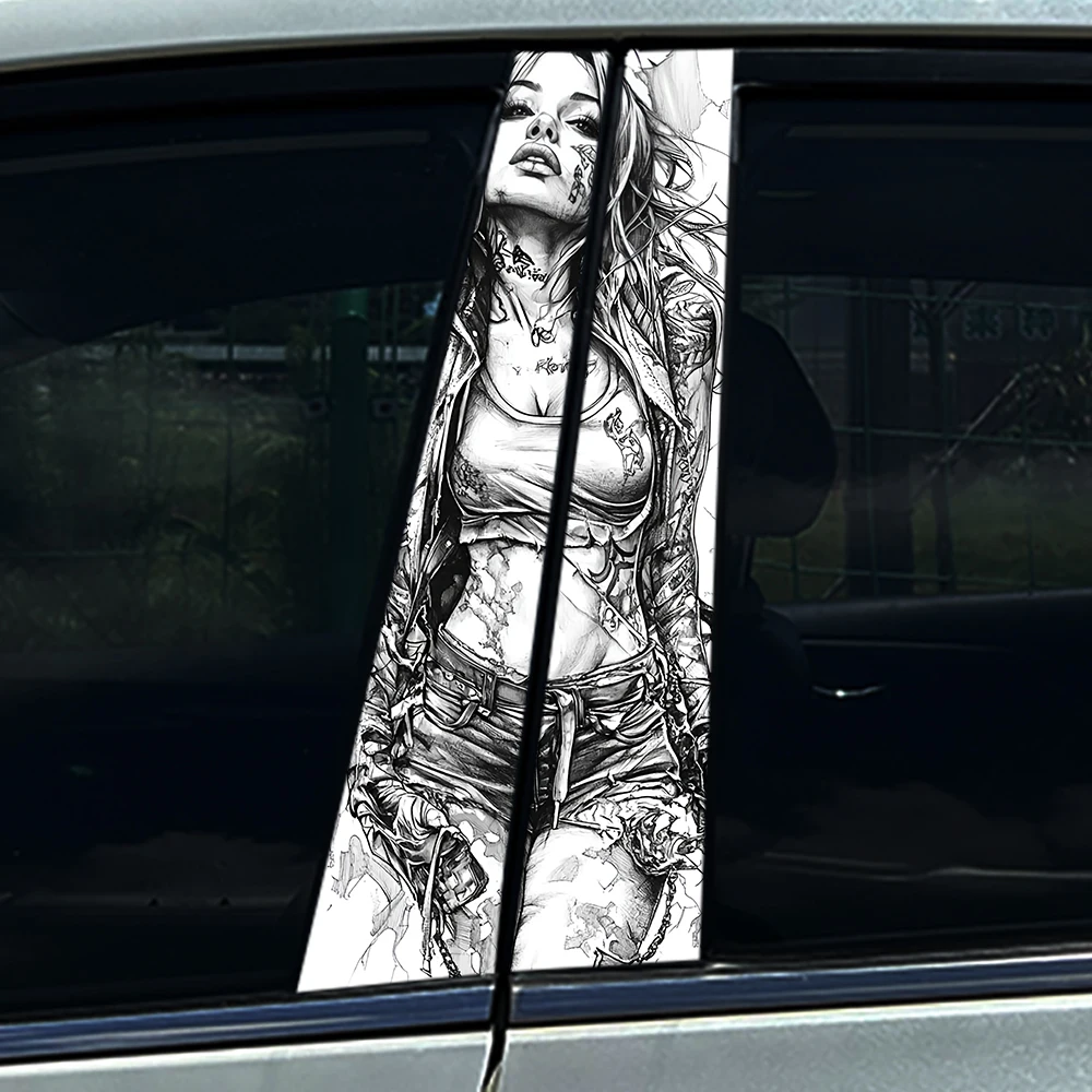 

2Pcs Punk Tattoo Woman Sketch Car B Pillar Decals, Waterproof Sunscreen Vinyl Stickers, Anti-Scratch Auto Window Pillar Cover