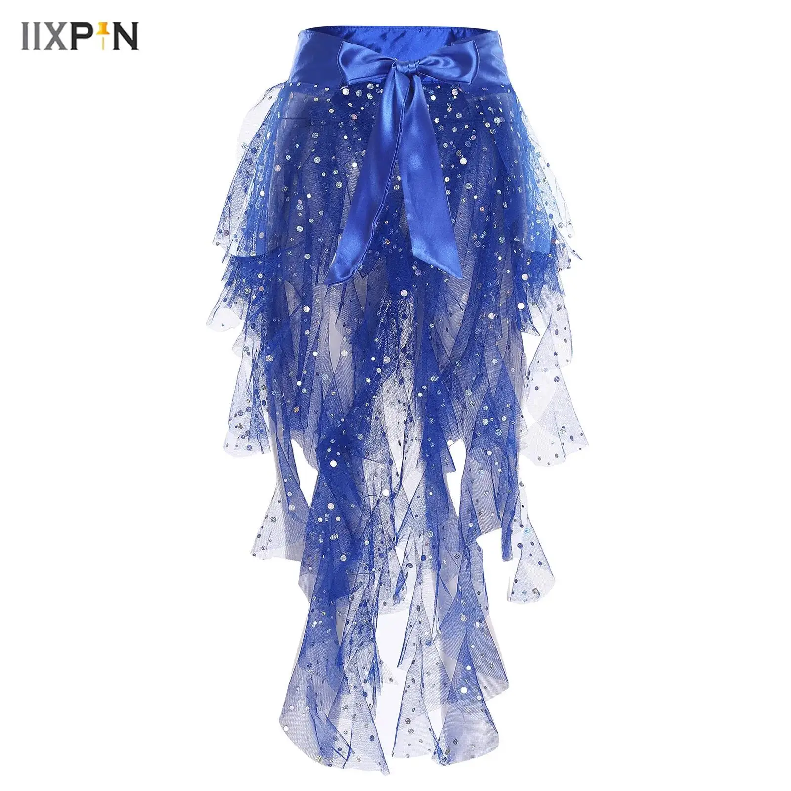 

Womens Belly Dance Hip Scarf Cascading Ruffles Sequined Tulle Tiered Split Hem Satin Belt Skirt Chacha Latin Tango Dance Costume