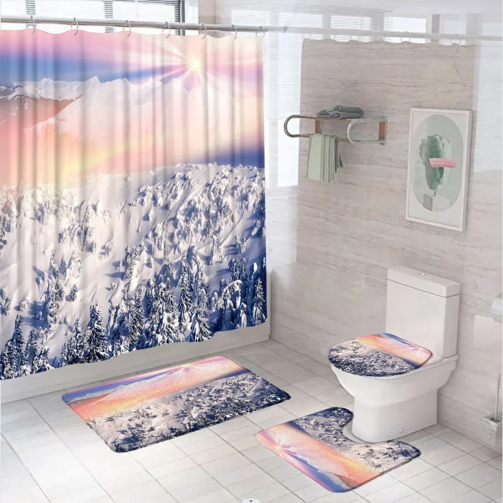 Rustic Snow Forest Shower Curtain Set Christmas Nature Scenery Winter Snow Woodland Mountains Bathroom Mat Rug Toilet Lid Cover