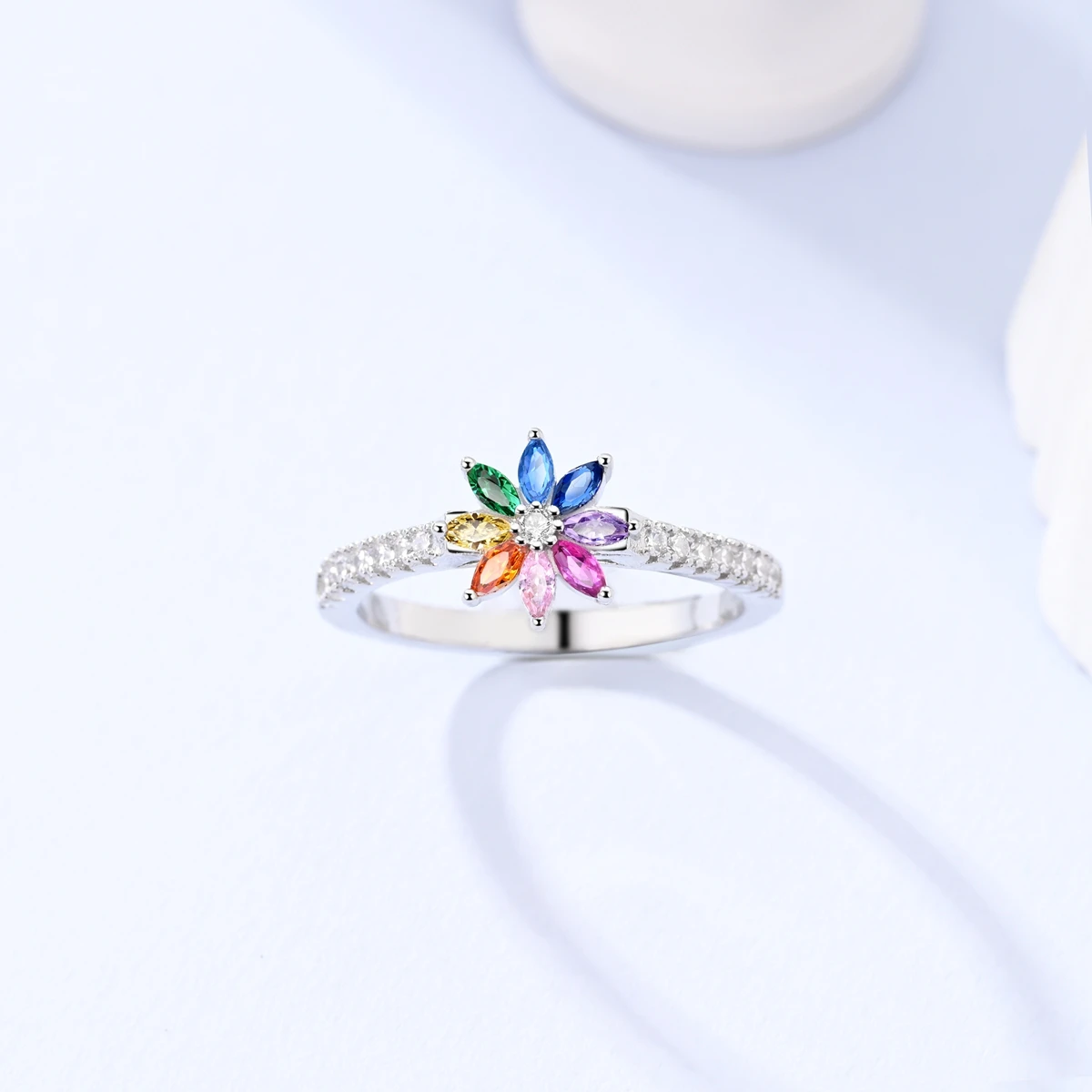 925 Sterling Silver Rainbow Flower Ring for Women Multicolor CZ Inlaid Dainty Fine Jewelry Gift
