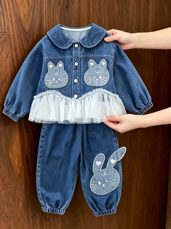 Cute Fashionable  Patchwork Denim Rabbit Print Jacket Long Pants Two-Piece Set for Girls Autumn Season Long Sleeve Outfit