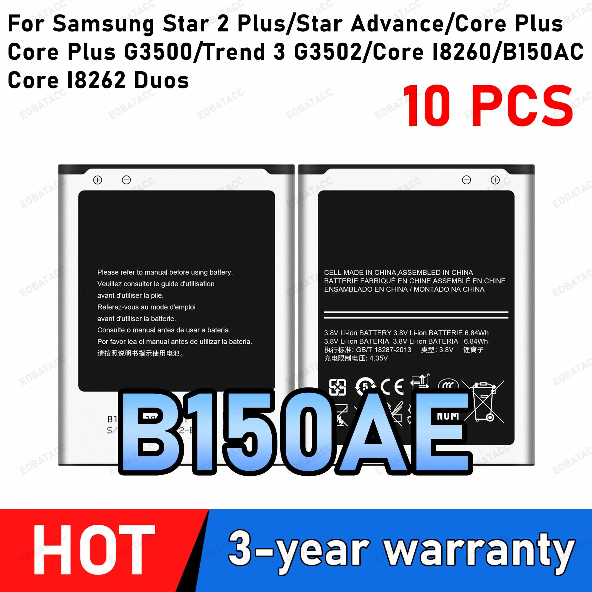 10Pcs B150AE B150A Battery 1800mAh For Samsung Galaxy Core i8260 i8262 Galaxy Trend3 G3502 G3508 G3509 SM-G350E G350