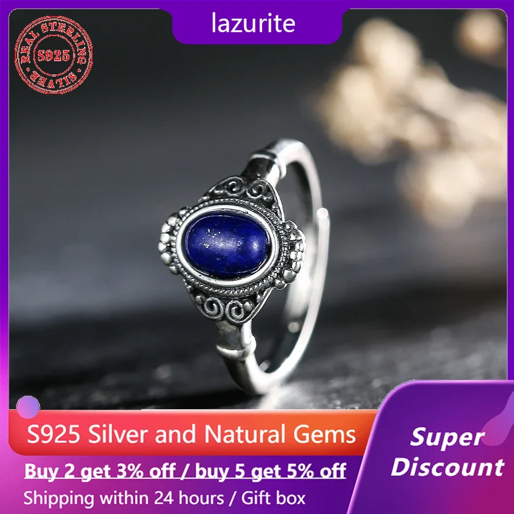 

Natural mineral blue lapis lazuli s925 pure silver ring, women's ring, wedding retro style boutique jewelry, couple accessories