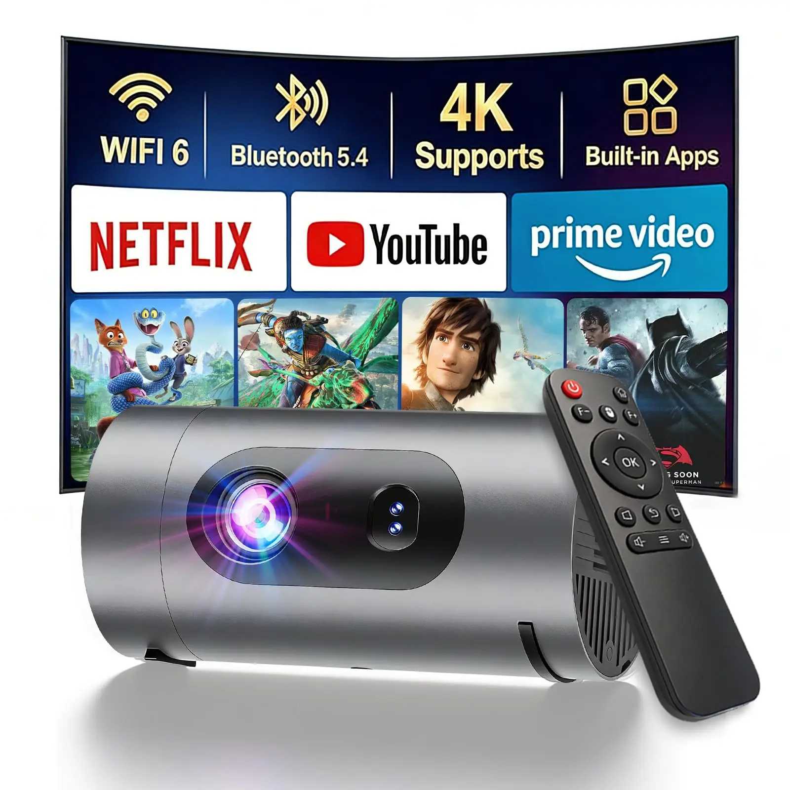 XBJ Smart Mini projector with WiFi BT,Portable Movie Projectors Supports 4K 1080P Built-in Apps, forBedroom, Office, Outdoor
