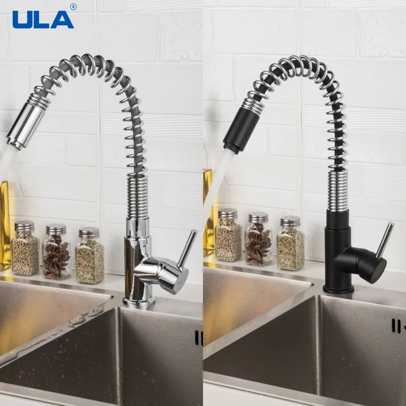 

ULA Brass Spring Kitchen Sink Faucets 360 Rotation Hot Cold Water Mixer Crane Tap Black Chrome Sink Faucet Flexible Nozzle