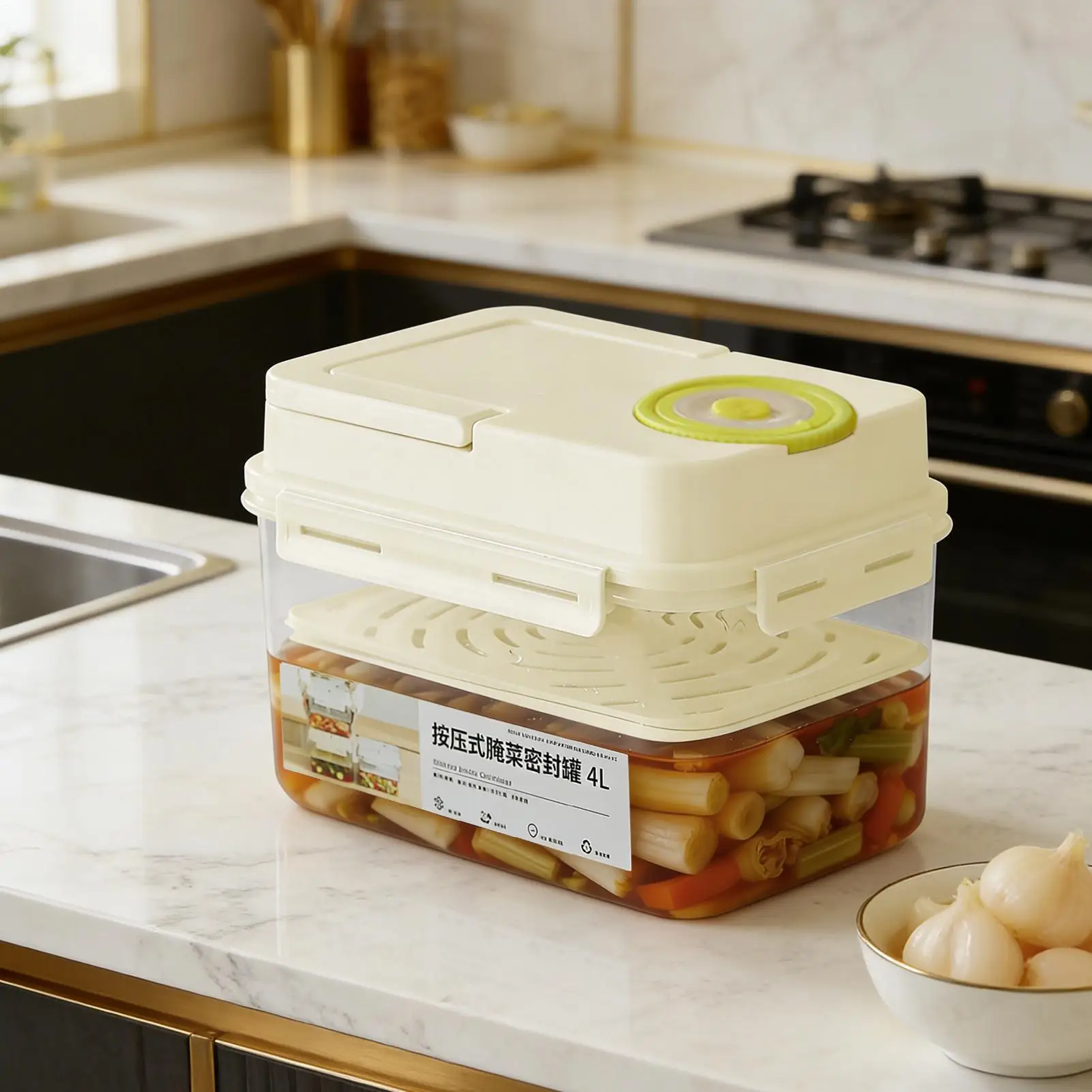 4L Pickle Jar with Press Plate Leakproof Kitchen Organizer Bins For Gherkin Sauerkraut Olive And Kimchi Storage Container