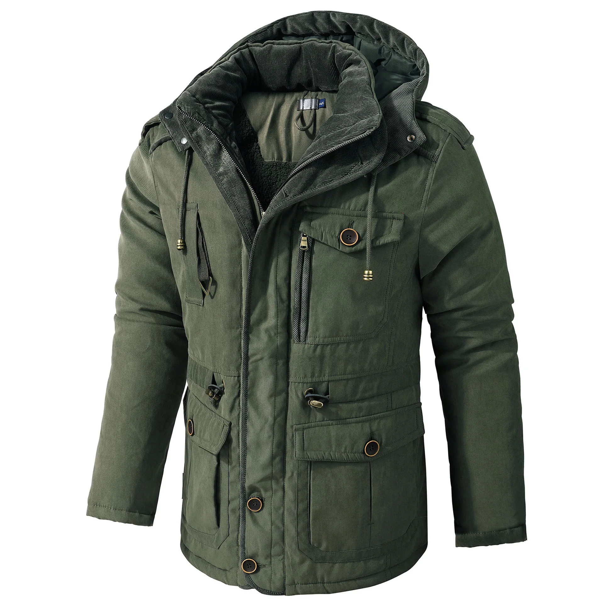 Man Jacket Winter New Thicken Cold-proof Long Sleeve Pocket Male Cargo Coat Mid Length Outdoor Windproof Loose Men Outerwear